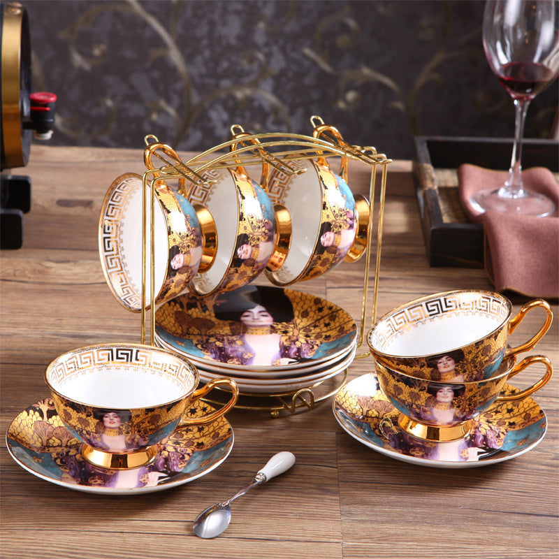 Gustav Klimt Art Style Coffee and Tea Set with Hand Made Fine Porcelain 24 karat Gold Plated