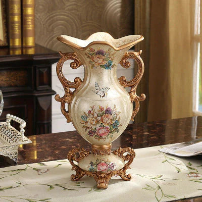 ALDO Arts & Crafts>Creative Arts >Pottery Resin Pearl Lustra Off Wite Vase With Roses and Double Handles / new / resin European Vintage Style Sculptural Vase with Flower Arrangements