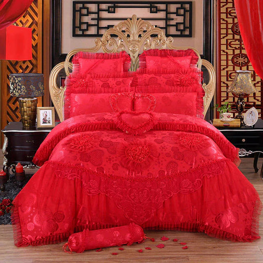 ALDO Bedding >Comforters & Sets C / Queen Size / 4pcs Luxury Red Lace Princess Satin Cotton Duvet Cover Bedding Set With Pillow Covers