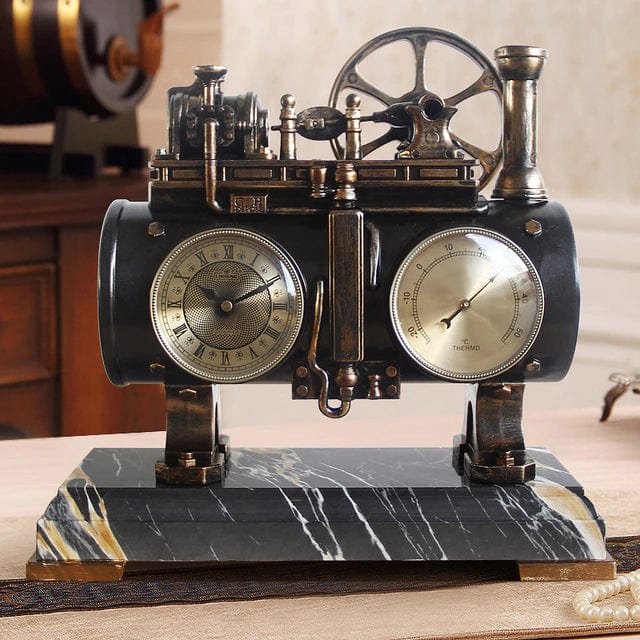 ALDO Clocks NEW / resin / Brown Retro Vintage Steam Engine Desktop Quartz Alarm Clock With Thermometer and Roman Numeral Display