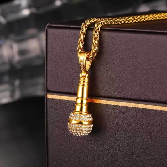 ALDO Clothing Accessories > Sunglasses Gold 24 Karat Gold-Plated Microphone Handcrafted Pendant Necklace with Rainstones For Good Luck Man and Woman