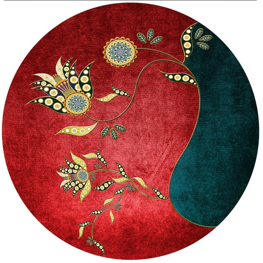 ALDO Home & Kitchen>Area Rugs>Carpet New 2.6 feet x 2.6 feet / Polyester / Black White Burgundy and Gold Luxury Art Far Eastern Style with Flowers Non-Slip Round Rug Carpet