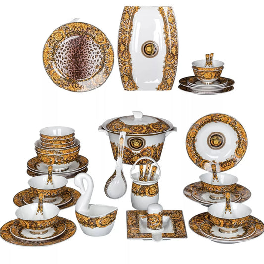 ALDO Home & Kitchen>Dinner Set Serving 60 Pieces / Porcelan / Brown Gold and White Luxury Versace Golden Medusa Head Style Glazed Gold-edge Hand Made Fine Porcelain Dinner 60 pieces Set