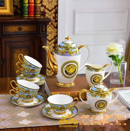 ALDO Home & Kitchen>Dinner Set Serving Six Persons / Porcelan / Blue and Gold and White Versace Style Coffee and Tea Set For 6 Person Hand Made Fine Porcelain 24 karat Gold Plated