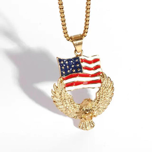 ALDO Jewelry American Golden Eagle Wing with American Flag Patriotic Pendant Necklace for Men and Woman