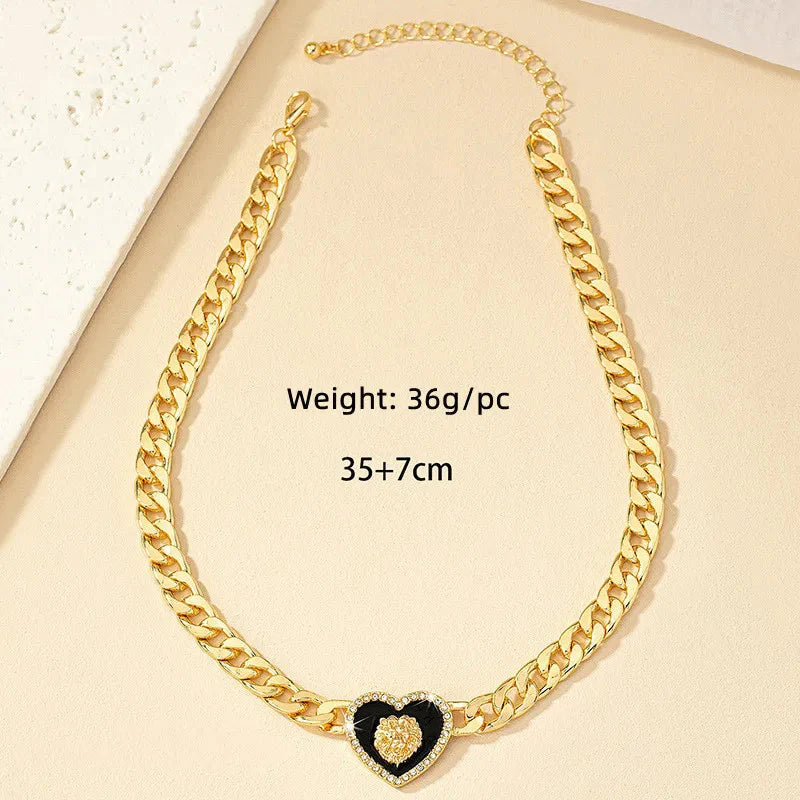 ALDO Jewelry Gold-plated Lion Head Enamel Heart Shaped Amulet Collar Choker with Rhinestone for Woman
