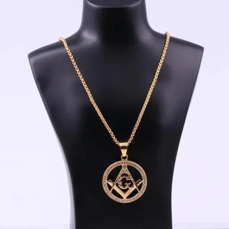 ALDO Jewelry Masonic Round Pendant Necklace with Rainstones For Good Fortune for Man and Woman