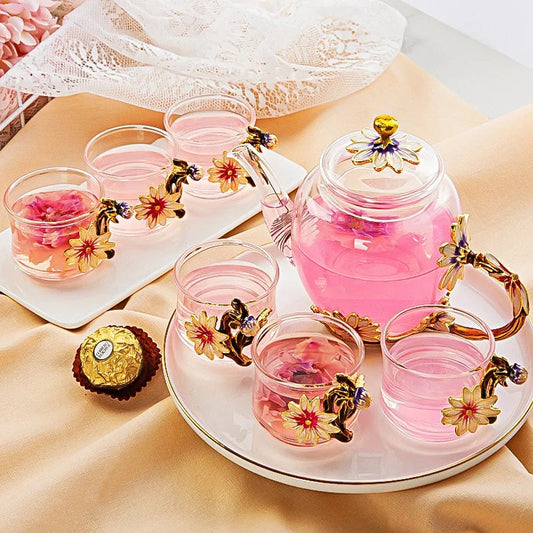 ALDO > Kitchen & Dining > Tableware > Dinnerware 1 Teapot 6 Cups Beautiful Enamel Crystal Tea Set and Daisy Glass Teapot