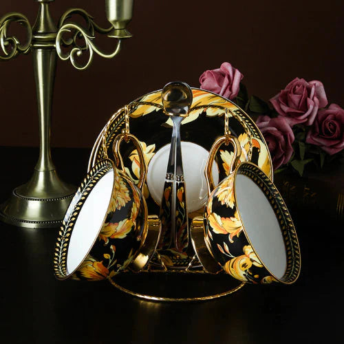 ALDO > Kitchen & Dining > Tableware > Dinnerware Set of Two Cups Two Spoons and Rack / porcelain / new British Riyal Collection Style Elegant Coffee and Tea Luxury 24 karat Plated Porcelain Set