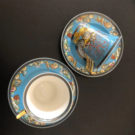 ALDO > Kitchen & Dining > Tableware > Dinnerware Two Cups and Saucers / porcelain / new Versace Style Blue Ocean Luxury Coffee and Tea Porcelain 24 karat Gold Plated Sets