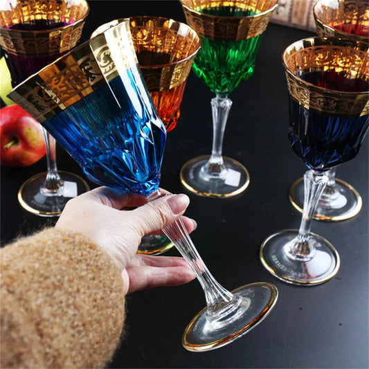 ALDO Kitchen & Dining > Tableware > Drinkware Blue Luxury Bohemian Lead Free Hand Cut and Hand Blown Crystal Multicolor Wine Goblets Champagne Glasses with Real Gold leaf