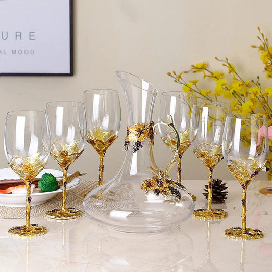 ALDO Kitchen & Dining > Tableware > Drinkware Set of Six Enamel Wine Glass and Wine Decanter Set / Crystal / Wine Glass: 21.5cm x 7cm x 8 cm. Wine Decanter: 27cm x 20 cm x 5.5 cm Wine Grape Design Enamel Lead Free Crystal Goblet Wine Glasses and Wine Decanter