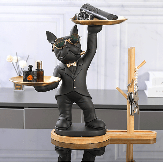ALDO Tables > Accent Tables 12.9" H. x 12" L x 9 " W / new / resin French Bulldog Butler Sculptural Statue with Metal Tray and Wood Shelf