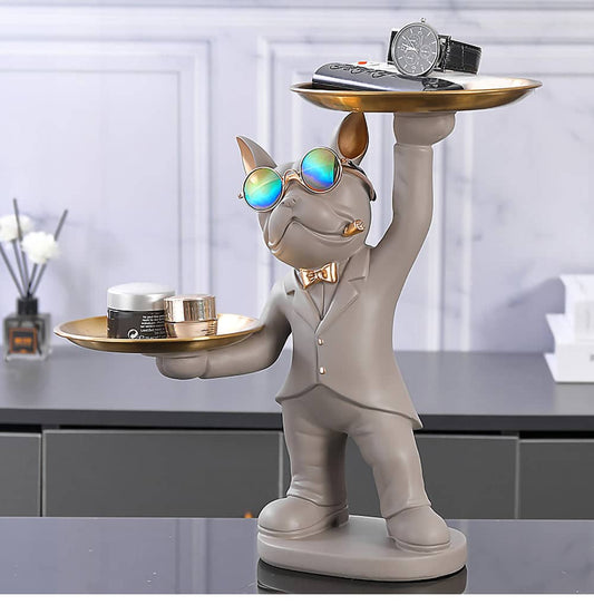 ALDO Tables > Accent Tables 12.9" H. x 12" L x 9 " W / new / resin French Bulldog Light Brown Butler Sculptural Statue with Metal Tray