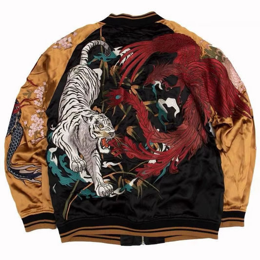Men's Luxury Jacket with  Embroidered Tiger and Phoenix Design  Pattern PU Leather Biker Long Sleeve Jacket