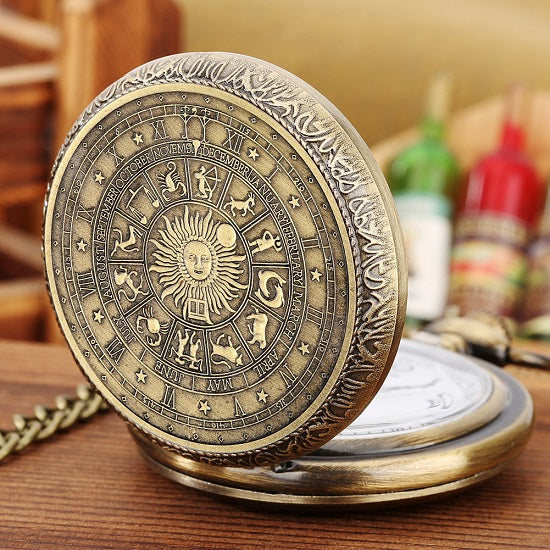 Pocket Watch Bronze Quartz Movement with Zodiac Signs – Collection Shop