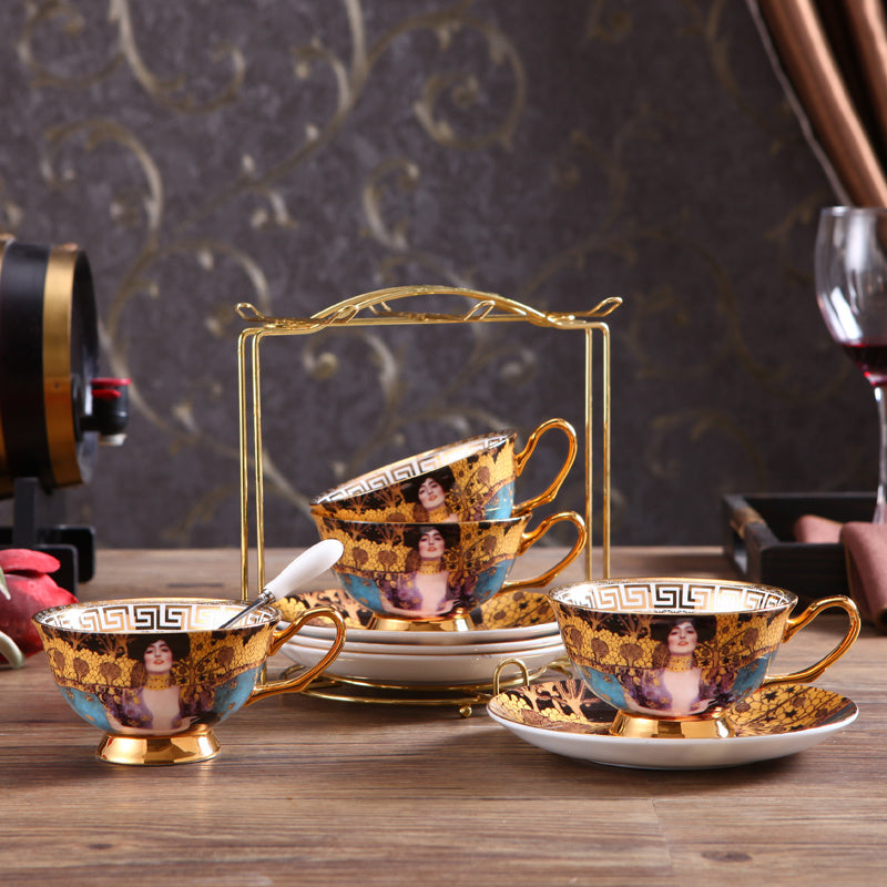 Gustav Klimt Art  Style Coffee and Tea Set with Hand Made Fine Porcelain 24 karat Gold Plated