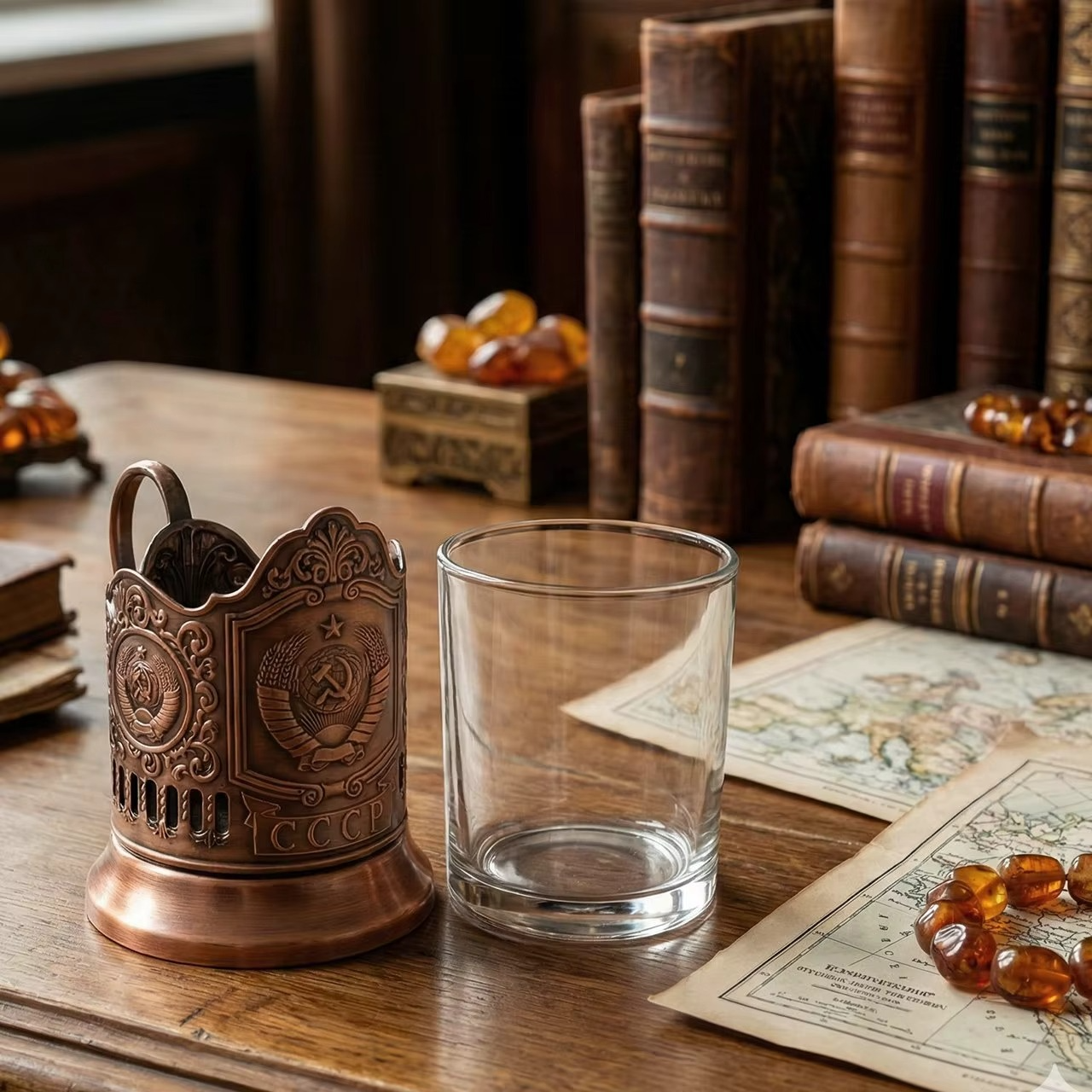 Russian  Crystal Tea Glass with  Metal Tea Glass Holders and Emblems Podstakannik Set