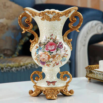 ALDO Arts & Crafts>Creative Arts >Pottery Resin  Pearl Lustra Vase With Roses Double Handles / new / resin European Vintage Style Sculptural Vase with Flower Arrangements