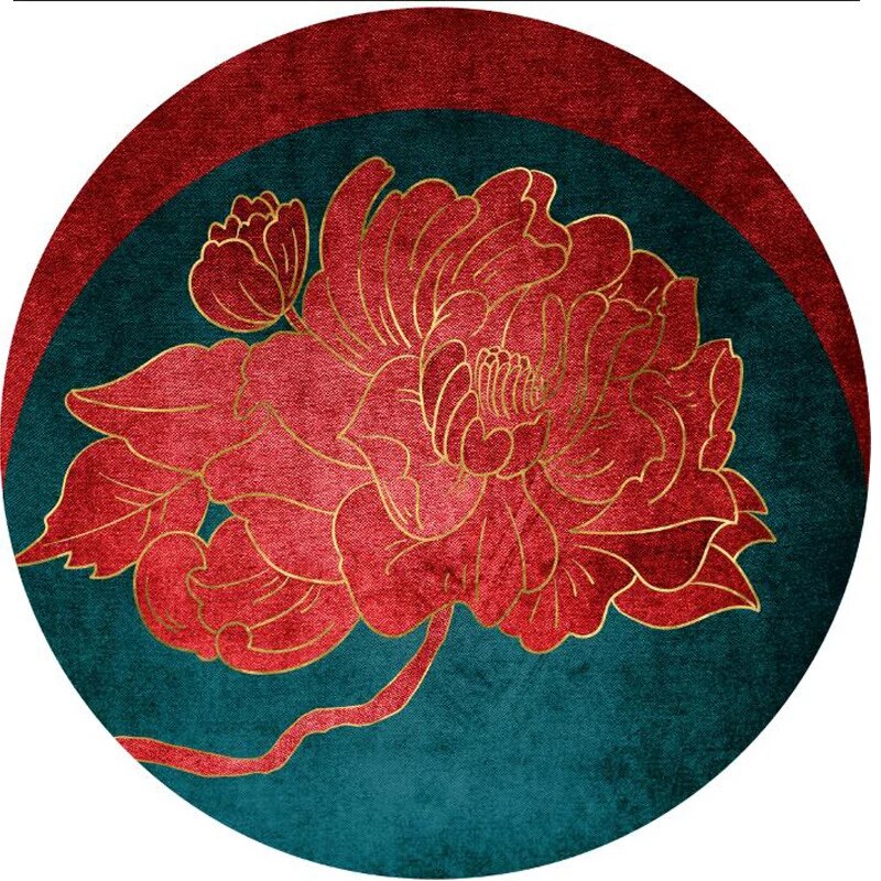 ALDO Building Materials Flooring & Carpet Luxury Far Eastern Art  Style with Red Flowers Non-Slip Round Rug Carpet