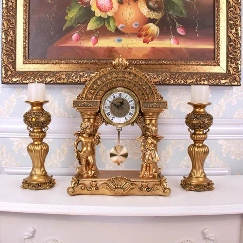 ALDO Clocks B-2 / Gold Grand  Luxurious Vintage Pendulum Quartz Clock with Angels and Two Candle Holders Set