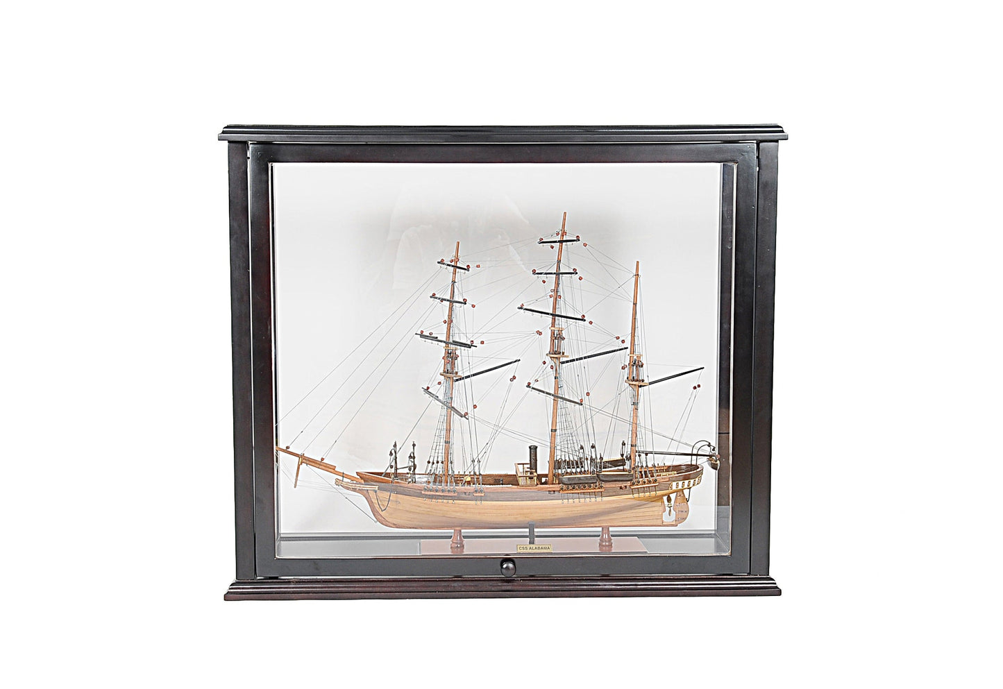 ALDO Creative Arts Collectibles Scale Model Outside:  L: 35.4 W: 13.5 H: 29.5 Inches  Inside: L: 32.5 x W: 12 x H: 29 inches. / NEW / Mahogany Wood with Plexiglass Panels Display Case Front Open Table Top Wood with Plexiglass Panels Cabinet for Midsize Tall Ship  and BoatsModels