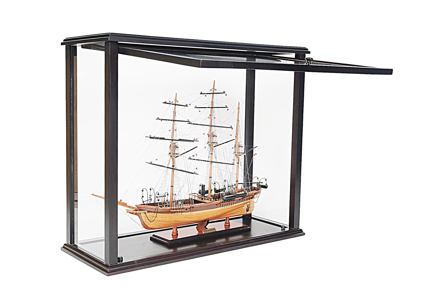 ALDO Creative Arts Collectibles Scale Model Outside:  L: 35.4 W: 13.5 H: 29.5 Inches  Inside: L: 32.5 x W: 12 x H: 29 inches. / NEW / Mahogany Wood with Plexiglass Panels Display Case Front Open Table Top Wood with Plexiglass Panels Cabinet for Midsize Tall Ship  and BoatsModels