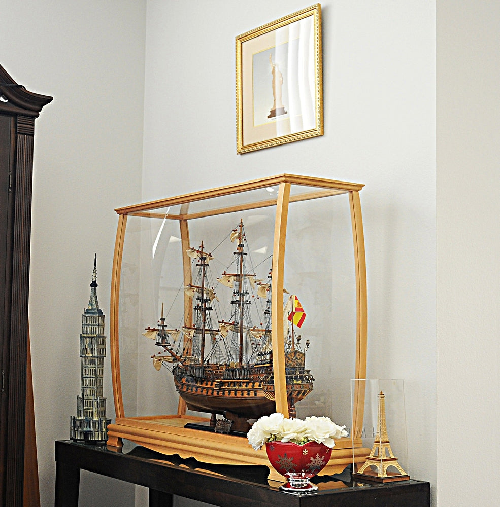 ALDO Creative Arts Collectibles Scale Model Outside :	L: 36 W: 13 H: 31.5 Inches / Inside : L: 32.5 x W: 12 x H: 29 inches. / NEW / Mahogany Wood and with Plexiglass Panels Display Case Wood with Plexiglass Panels Cabinet for  Midsize Tall Ship Models Clear Finish