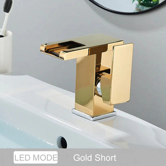 ALDO Hardware>Plumbing Fixtures GW Luxury Modern Bathroom Waterfall Basin Faucet LED Color Changing Deck Mounted Single Handle