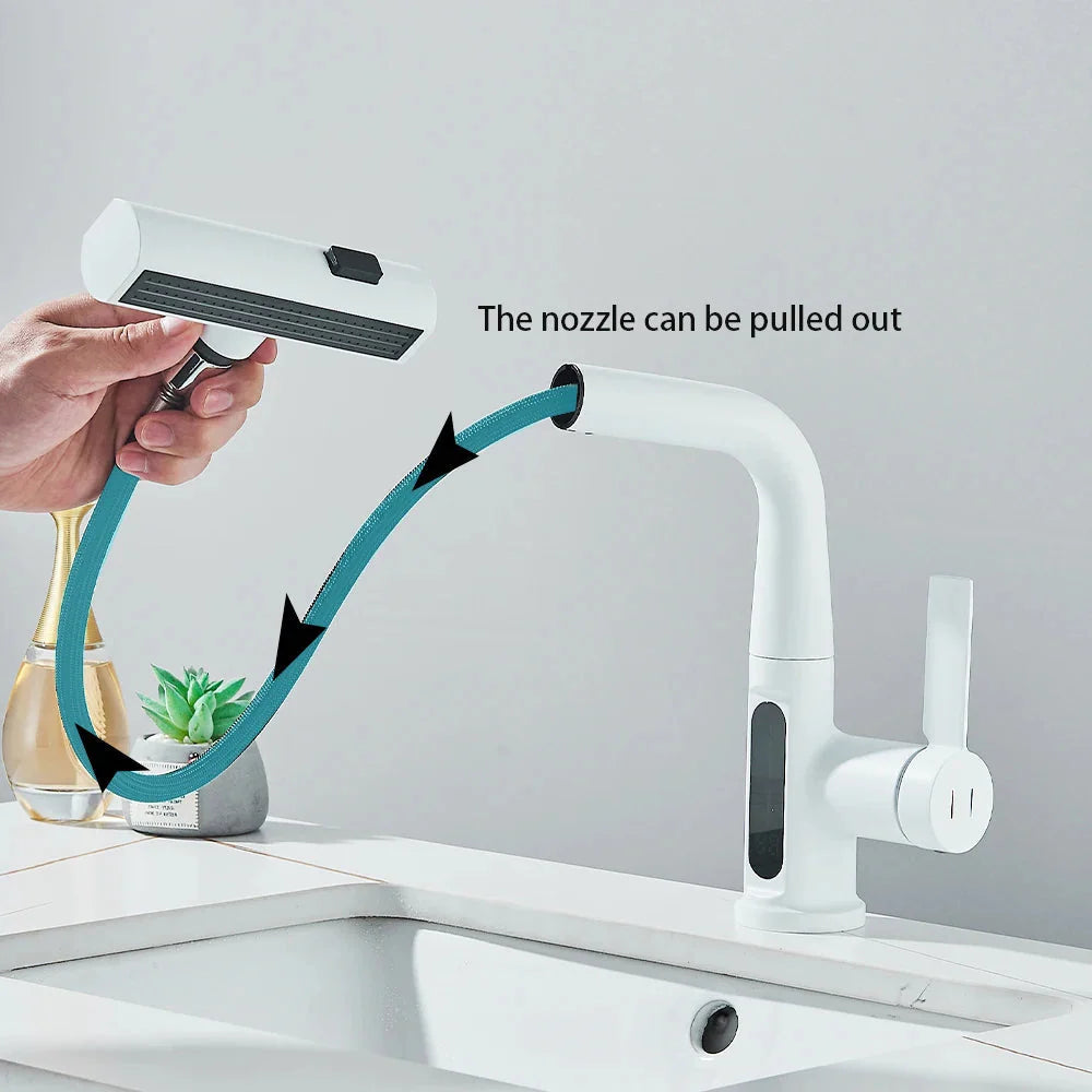 ALDO Hardware>Plumbing Fixtures Intelligent Waterfall Basin Faucet with Temperature Digital Display Lift Up Crane Pull Out Faucet