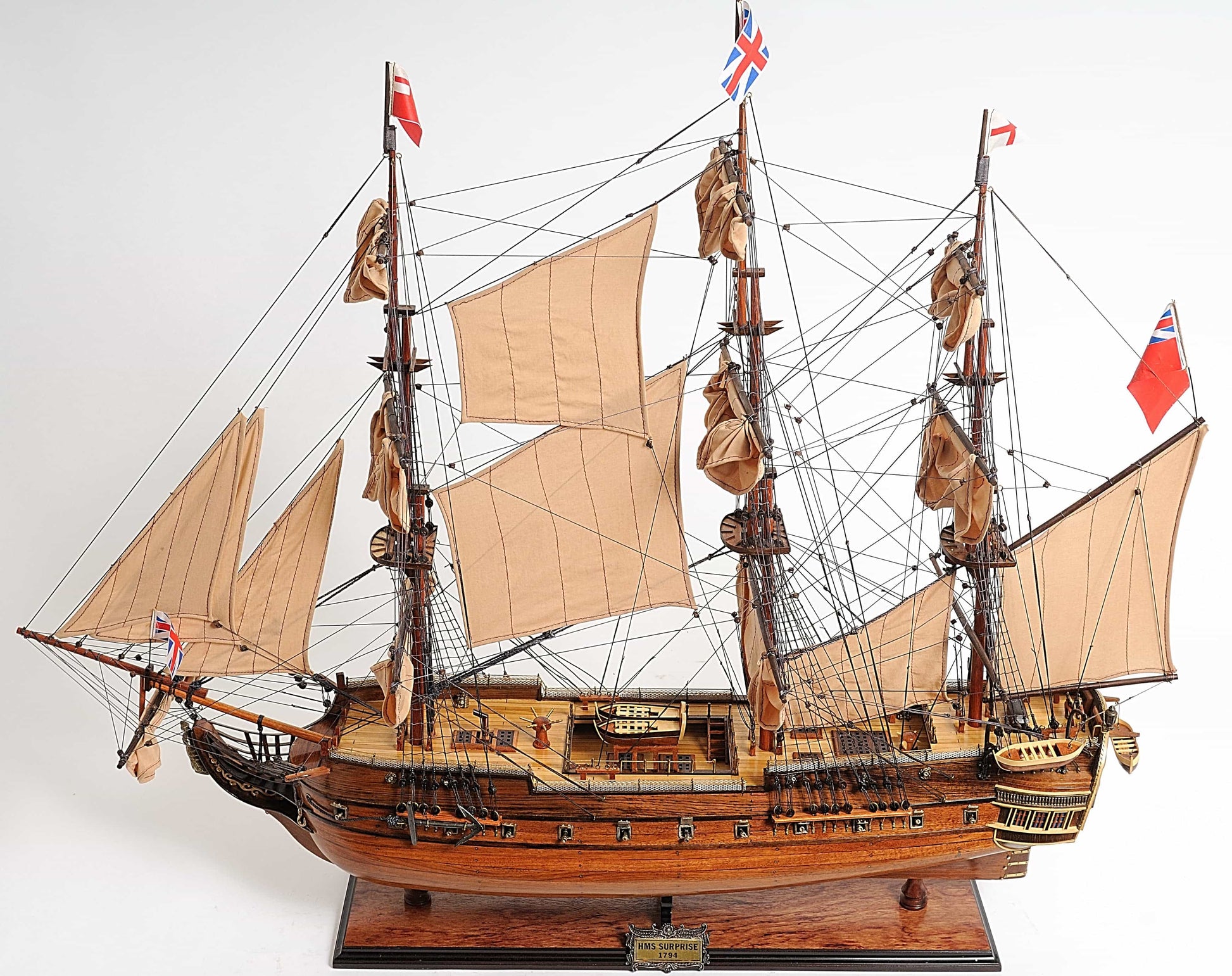 ALDO Hobbies & Creative Arts> Collectibles> Scale Model L: 40 W: 13.75 H: 39.25 Inches / new / wood HMS Surprise British Royal Navy Frigate Tall Ship  Portrayed in the Movie Master and Commander Wood Model Sailboat Large With Floor Display Case