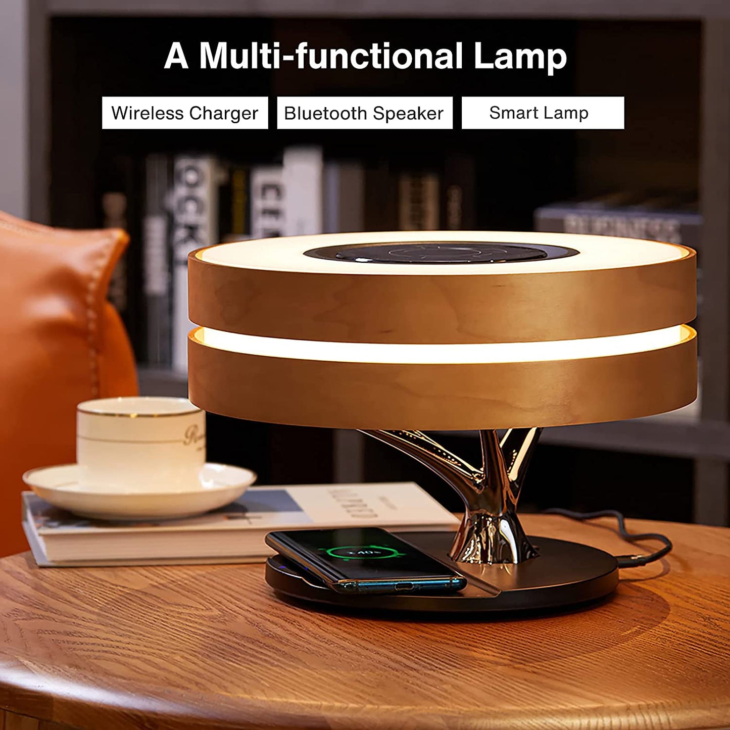 ALDO Home & Garden>Lamps> Lighting & Ceiling Fans ‎11"D x 11"W x 8"H / Wood Modern Art Deco Table Lamp Tree of Life Round Shape Smart Touch Wireless Bluetooth Speakers and Charging Pad
