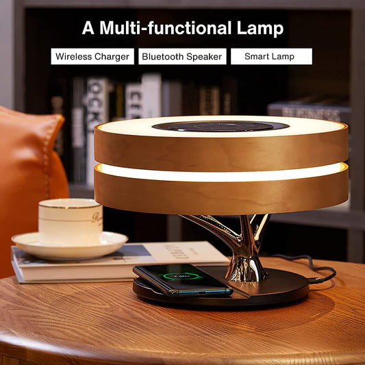 ALDO Home & Garden>Lamps> Lighting & Ceiling Fans ‎11"D x 11"W x 8"H / Wood Modern Art Deco Table Lamp Tree of Life Round Shape Smart Touch Wireless Bluetooth Speakers and Charging Pad