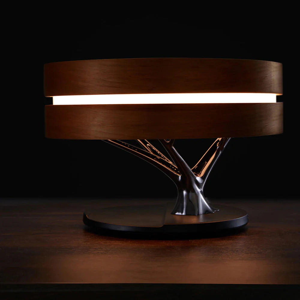 ALDO Home & Garden>Lamps> Lighting & Ceiling Fans ‎11"D x 11"W x 8"H / Wood Modern Art Deco Table Lamp Tree of Life Round Shape Smart Touch Wireless Bluetooth Speakers and Charging Pad
