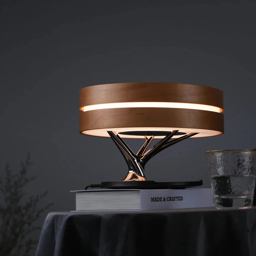 ALDO Home & Garden>Lamps> Lighting & Ceiling Fans ‎11"D x 11"W x 8"H / Wood Modern Art Deco Table Lamp Tree of Life Round Shape Smart Touch Wireless Bluetooth Speakers and Charging Pad