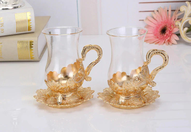 ALDO Home & Kitchen>Cups, Mugs, & Saucers European Exquisite Glass Cups with Gold Saucer ,Spoons and Coffee Pot For Tea or Coffee and Tea