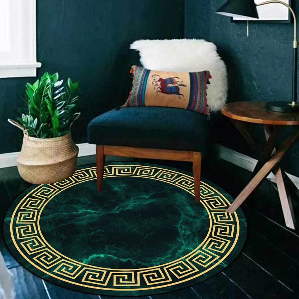 Versace Style Green Marble and Gold Luxury Non-Slip Round Rug Carpet ...