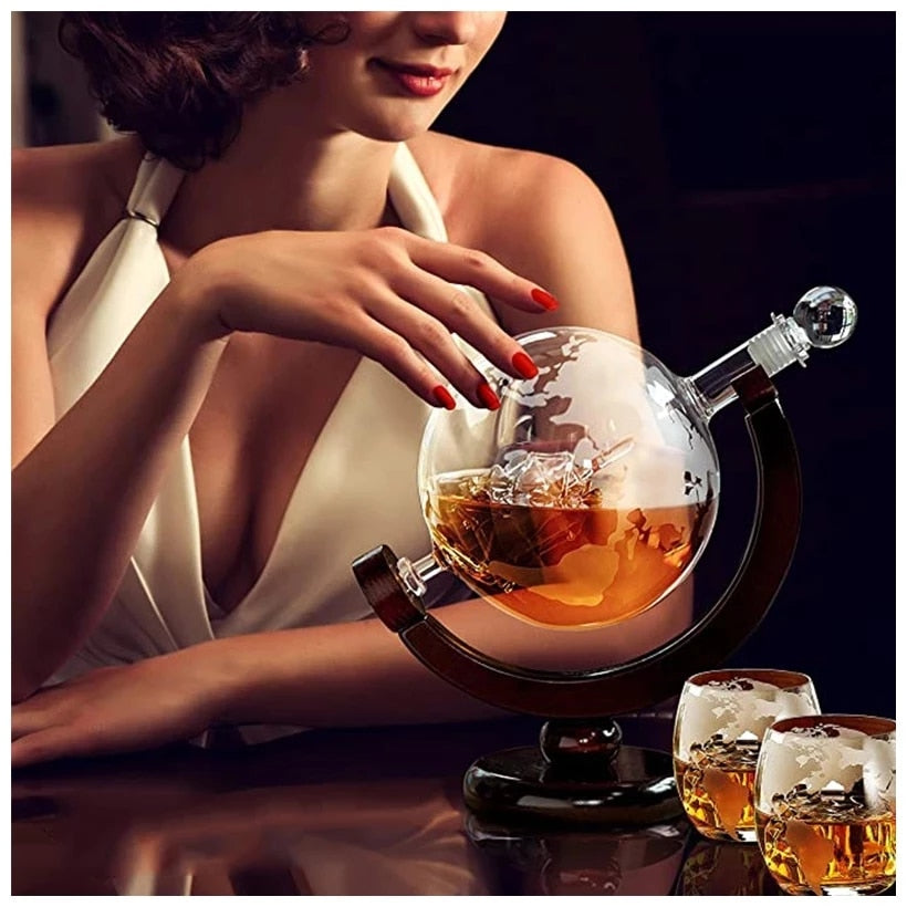 ALDO Home & Kitchen>Cups, Mugs, & Saucers New / Borosilicate Glass / 5" W x 9.5" Inches long Globe Crystal Led Free Glass Decanter Bottle With Ship Inside Four Glasses and Holder Set For Liquor Wine Whisky Vodka