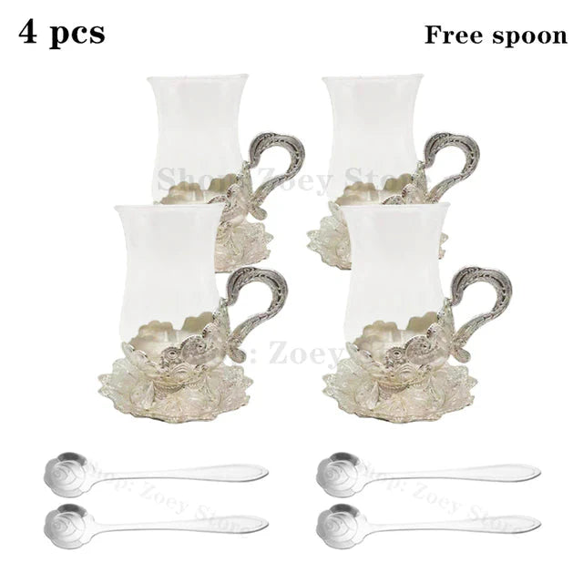ALDO Home & Kitchen>Cups, Mugs, & Saucers New Glass Cups with Silver Saucer and Spoon Set of Four / Glass and Zinc Alloy / Cup 4.4" Toll x 3.9" Wide with Saucer x 2.5" wide Inches European Exquisite Glass Cups with Gold Saucer ,Spoons and Coffee Pot For Tea or Coffee and Tea