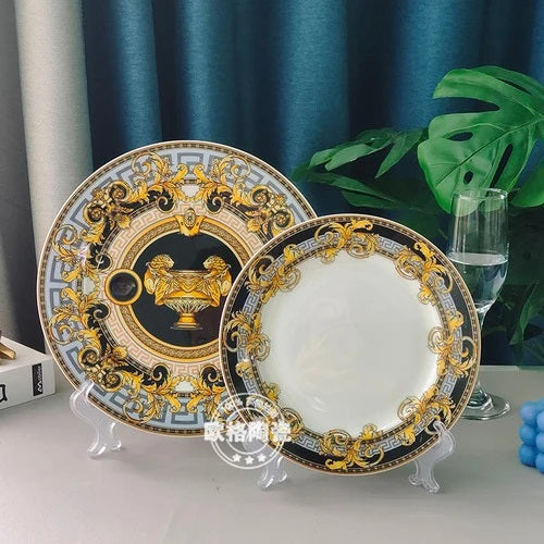 ALDO Home & Kitchen>Dinner Set 8- Inch and 10-inch plates Set Black and Gold Luxury Versace  Style Fine Porcelain Dinner Plates and CoffeeTea Sets
