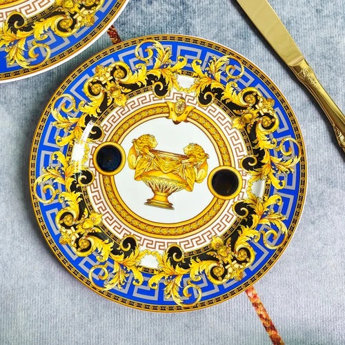 ALDO Home & Kitchen>Dinner Set 8-inch plate Gold and Blue Luxury Versace  Style Fine Porcelain Dinner Plates and CoffeeTea Sets