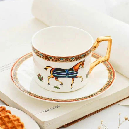 ALDO Home & Kitchen>Dinner Set Porcelain / Model 4  One Coup and One Saucer English Syle Galloping Horses Art Coffee and Tea Set Hand Made Porcelain 24 Karat Gold Plated Set for Two