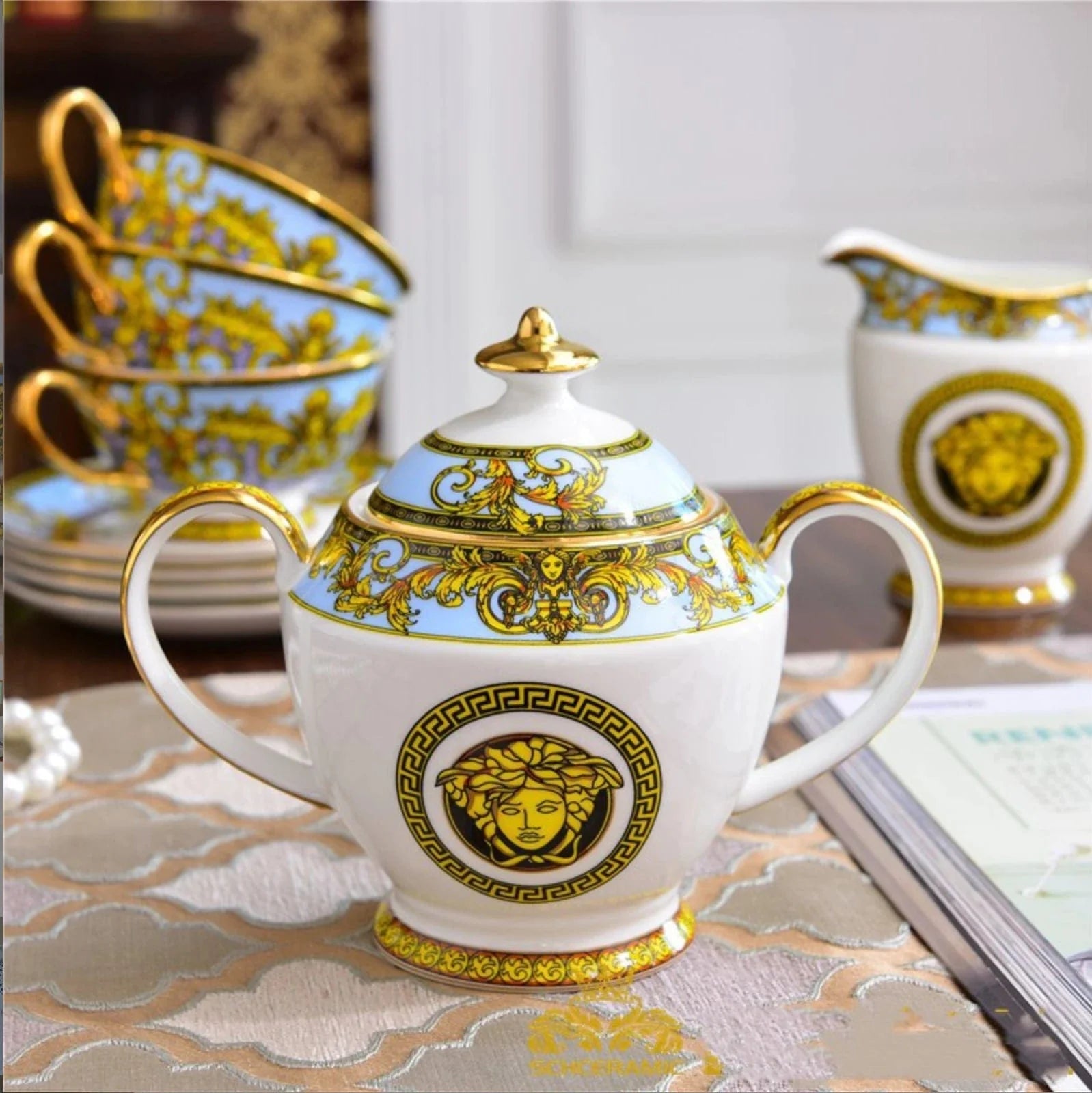 ALDO Home & Kitchen>Dinner Set Serving Six Persons / Porcelan / Blue and Gold and White Versace Style Coffee and Tea  Set For 6 Person Hand Made Fine Porcelain 24 karat Gold Plated