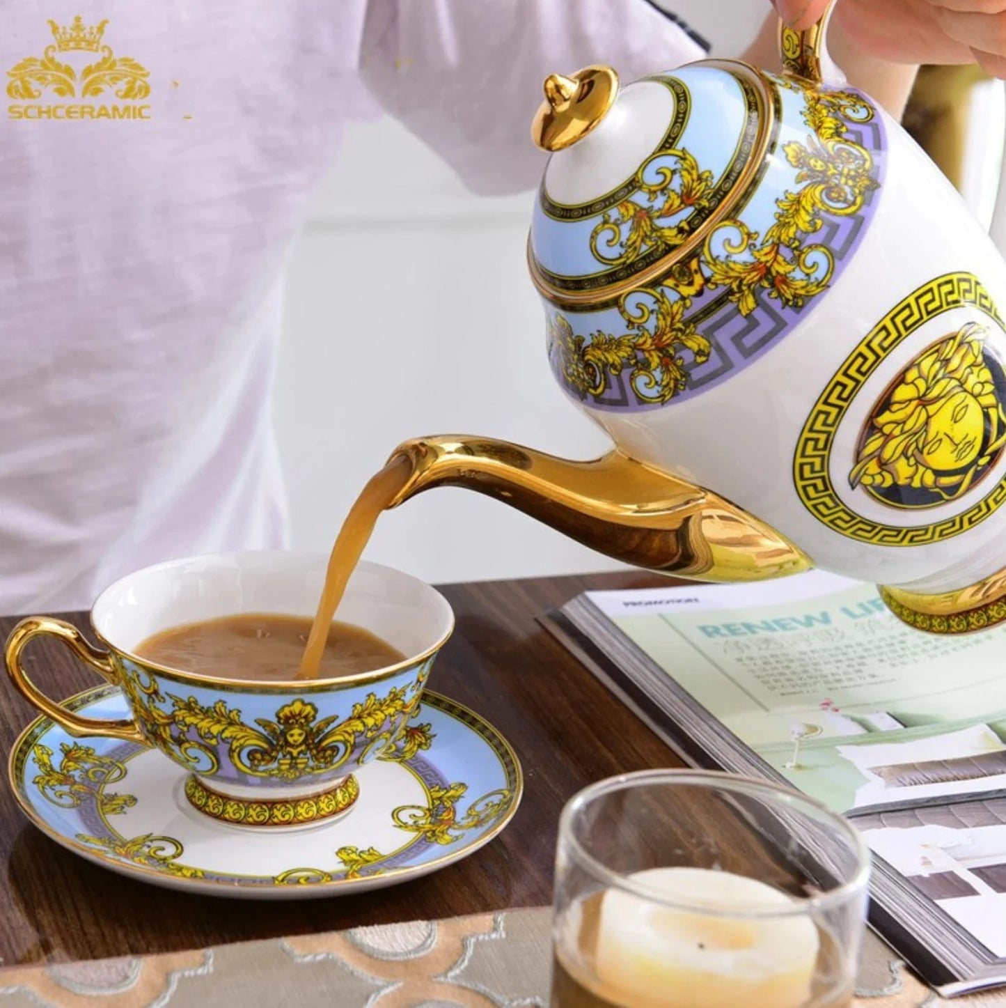ALDO Home & Kitchen>Dinner Set Serving Six Persons / Porcelan / Blue and Gold and White Versace Style Coffee and Tea  Set For 6 Person Hand Made Fine Porcelain 24 karat Gold Plated