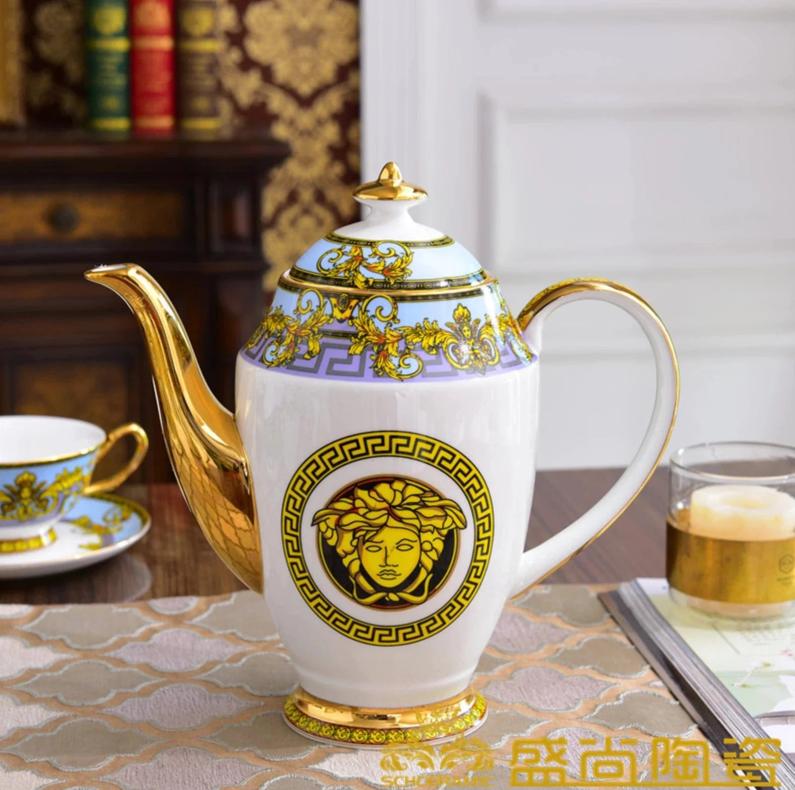 ALDO Home & Kitchen>Dinner Set Serving Six Persons / Porcelan / Blue and Gold and White Versace Style Coffee and Tea  Set For 6 Person Hand Made Fine Porcelain 24 karat Gold Plated