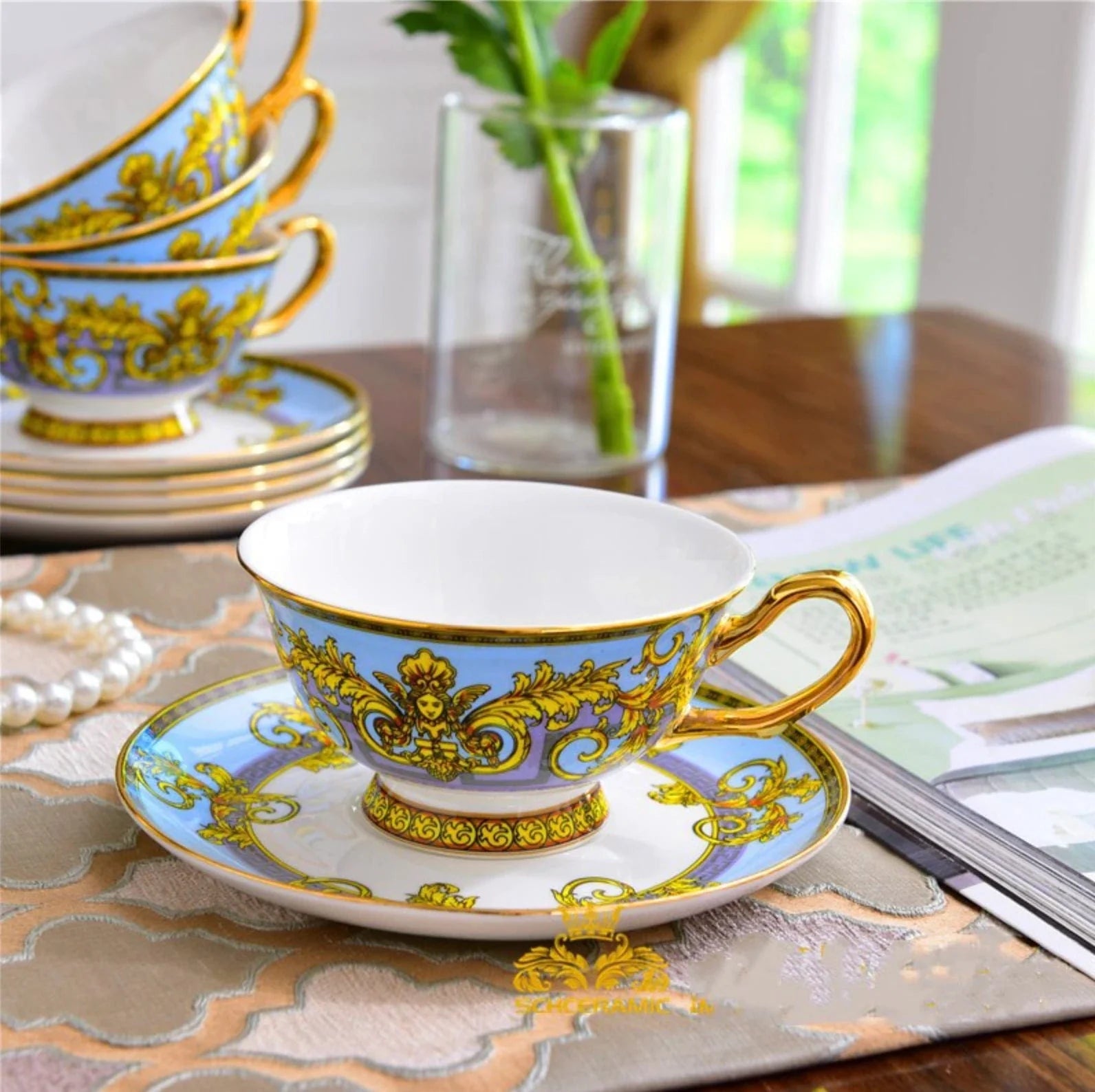 ALDO Home & Kitchen>Dinner Set Serving Six Persons / Porcelan / Blue and Gold and White Versace Style Coffee and Tea  Set For 6 Person Hand Made Fine Porcelain 24 karat Gold Plated