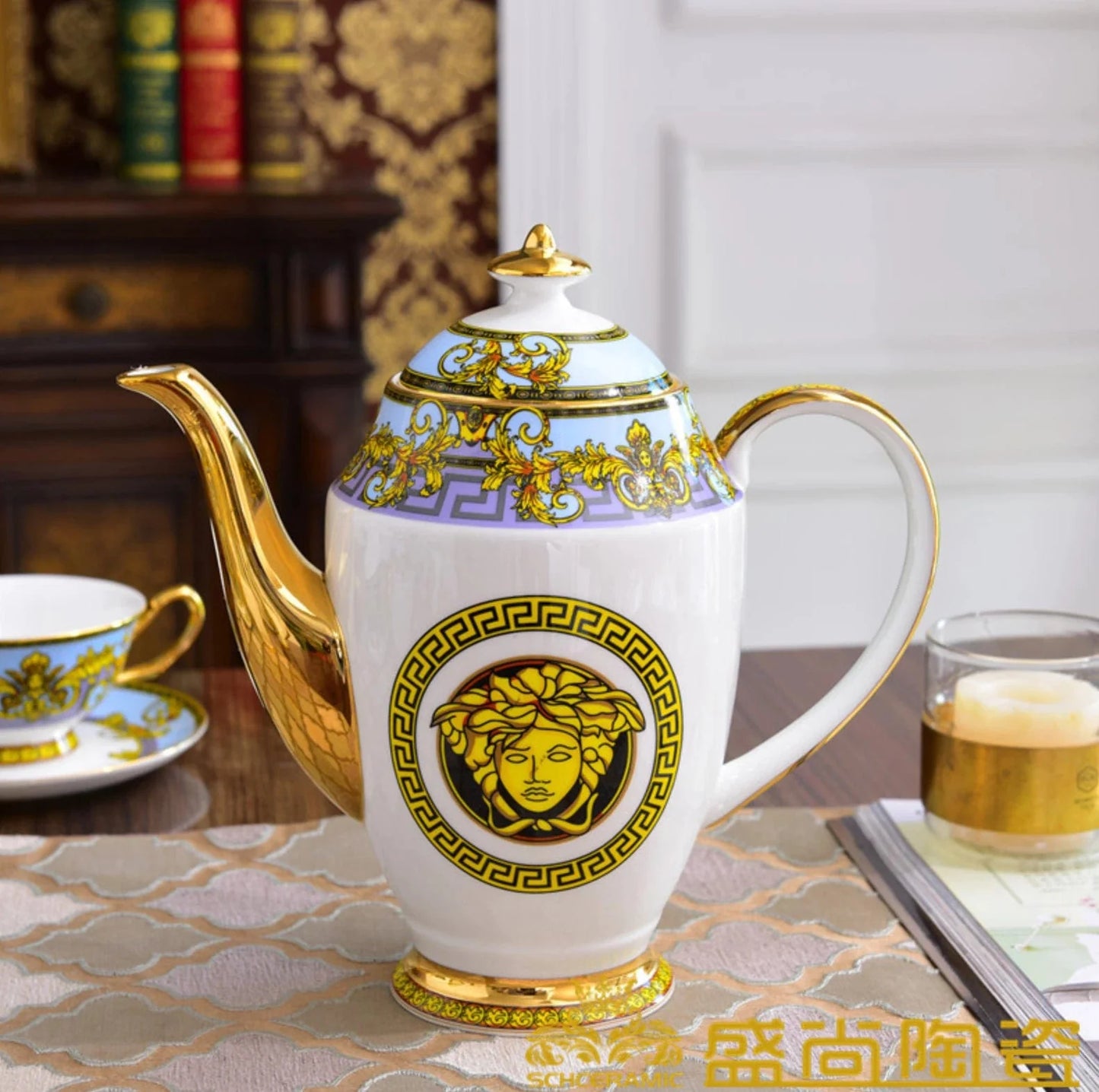 ALDO Home & Kitchen>Dinner Set Serving Six Persons / Porcelan / Blue and Gold and White Versace Style Coffee and Tea  Set For 6 Person Hand Made Fine Porcelain 24 karat Gold Plated