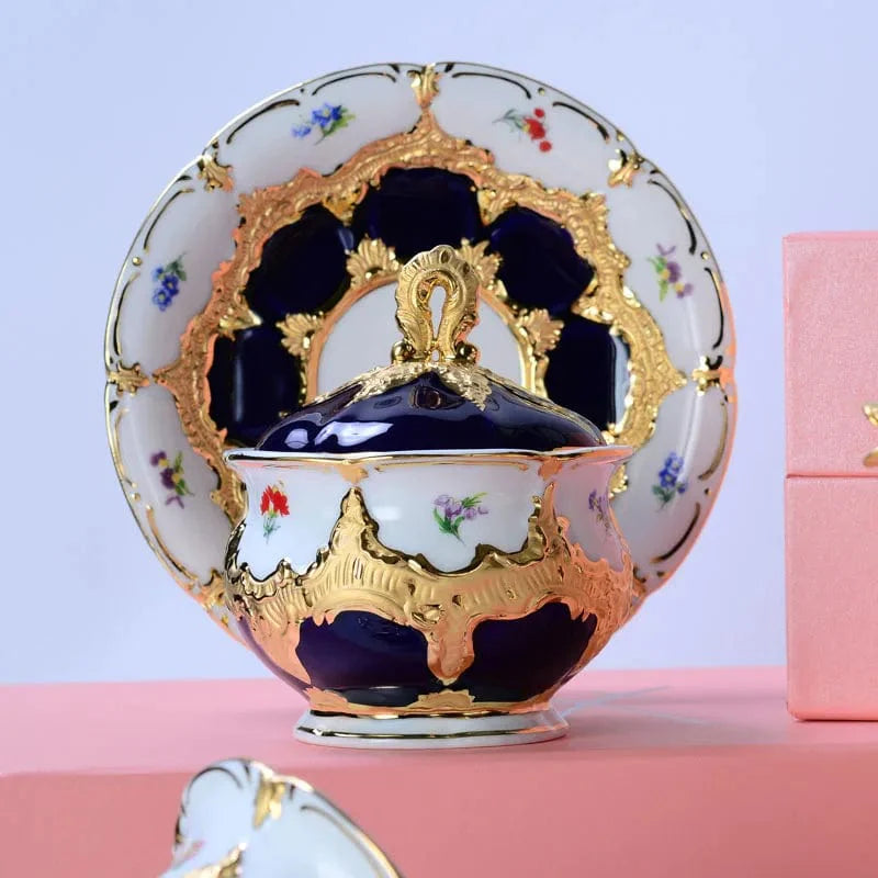 ALDO Home & Kitchen>Dinner Set>Tableware> Drinkware/ Royal Cort Luxury  Style Fine Porcelain 24 K Gold Plated Blue and White Coffee Tea sets