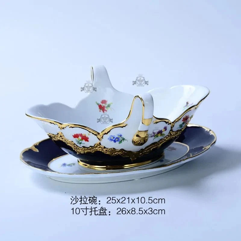 ALDO Home & Kitchen>Dinner Set>Tableware> Drinkware/ Salad bowl with Tray Royal Cort Luxury  Style Fine Porcelain 24 K Gold Plated Blue and White Coffee Tea sets
