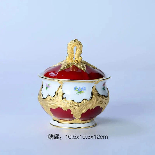 ALDO Home & Kitchen>Dinner Set>Tableware> Drinkware/ Sugar jar Royal Cort Luxury  Style Fine Porcelain 24 K Gold Plated Marune and White Coffee Tea Sets